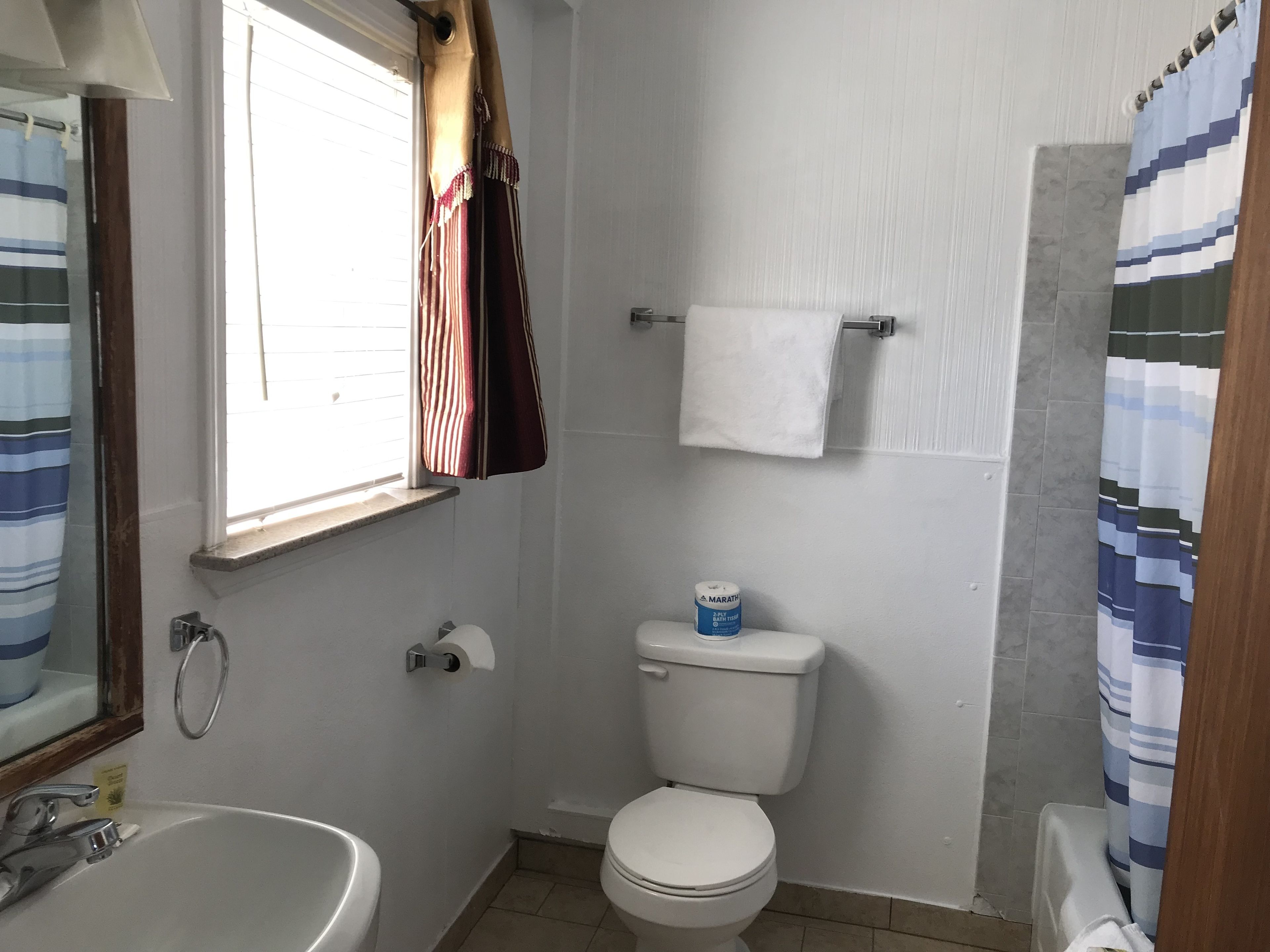 Ein Badezimmer mit Toilette, Waschbecken und Duschvorhang.