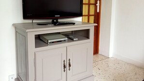 Un televisor sobre un mueble gris con un control remoto, un reproductor de DVD y una pequeña estantería.