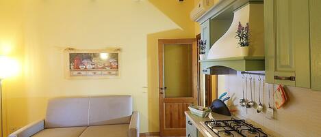 A kitchen with a gas stove, a sink, and a wooden door leading to another room.