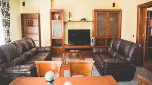 Una televisión de pantalla plana, un reproductor de DVD