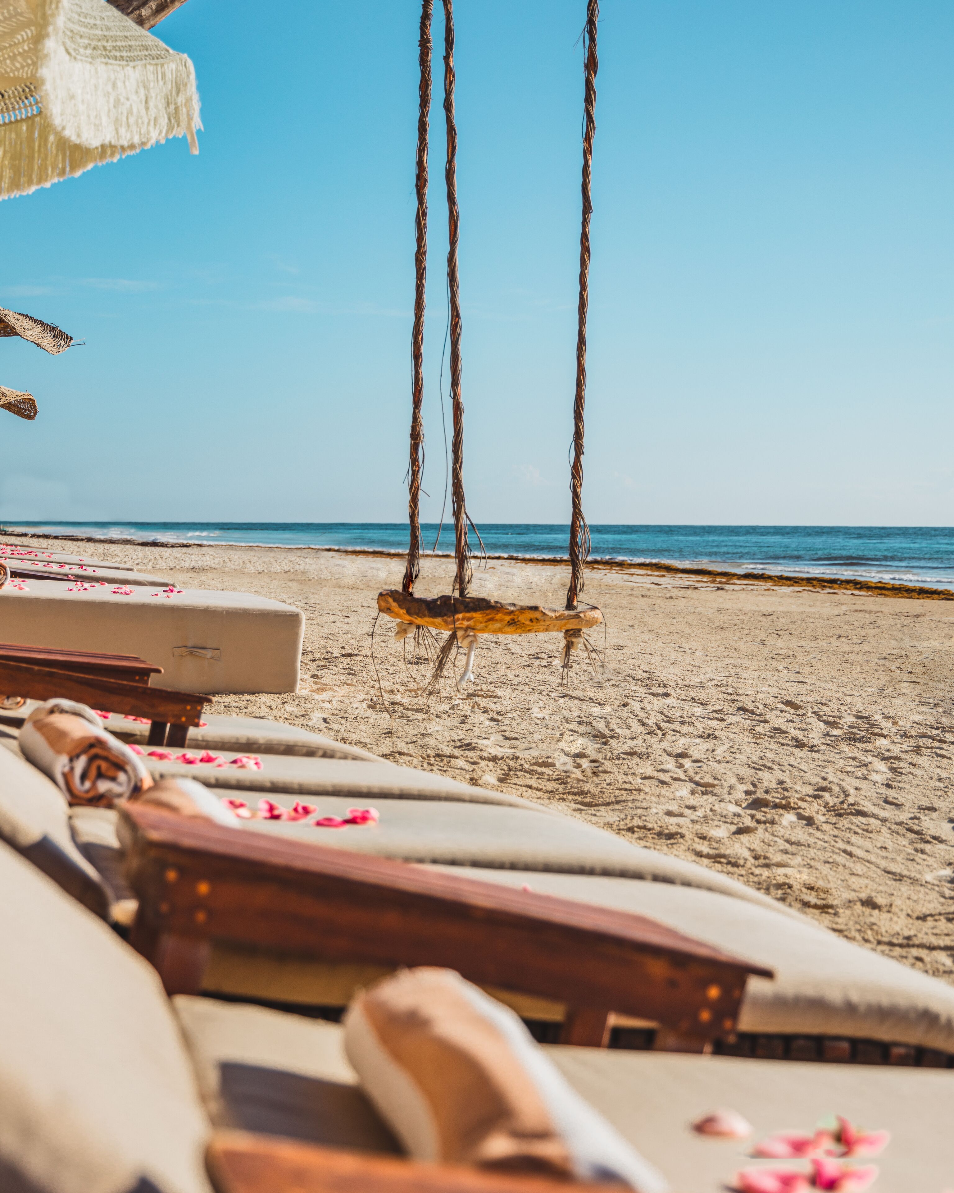 A beach with lounge chairs and a swing.