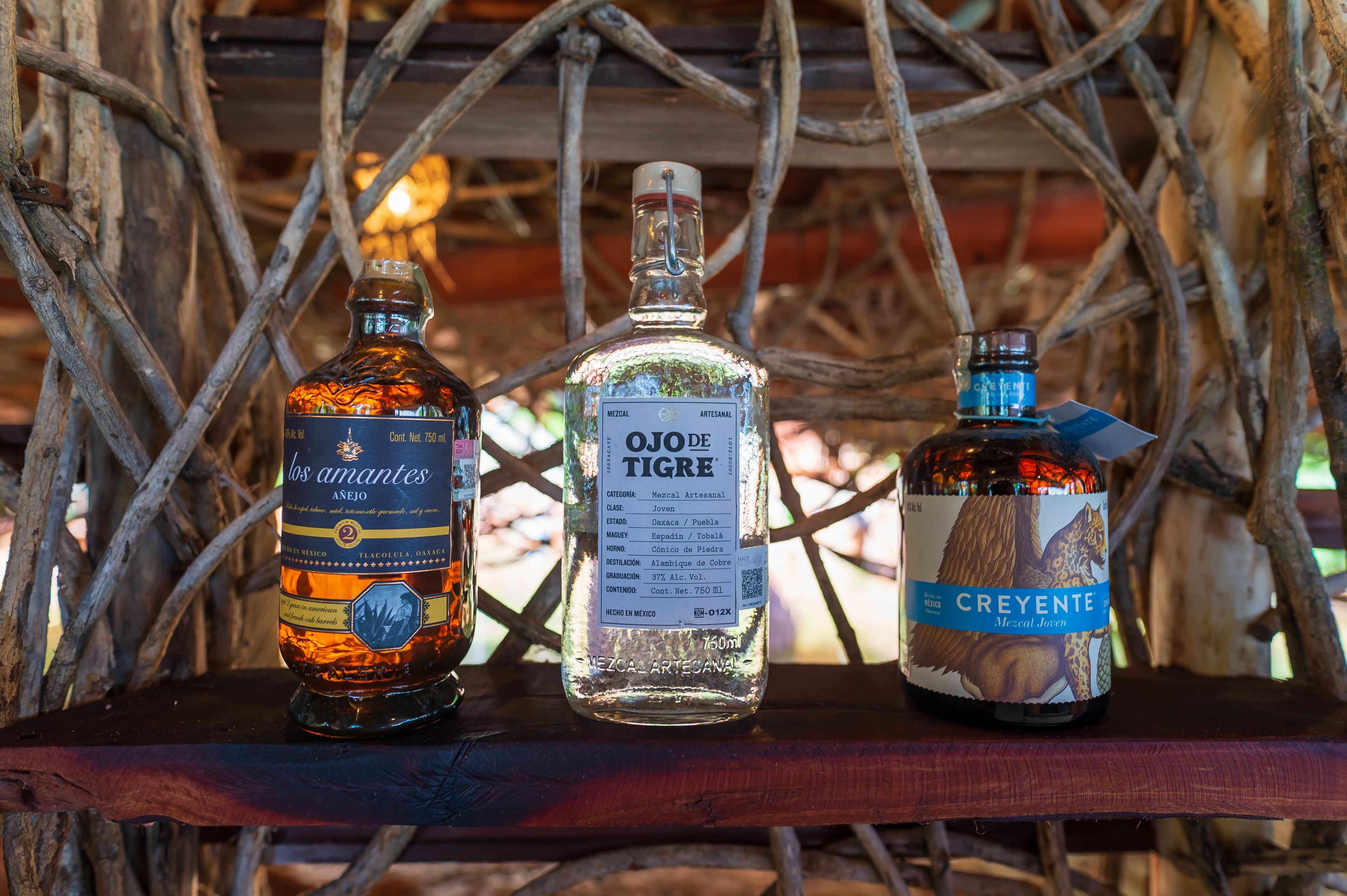 Three bottles of mezcal on a wooden shelf.