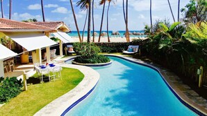 Uma piscina com borda curva, rodeada por um gramado bem cuidado e plantas tropicais.