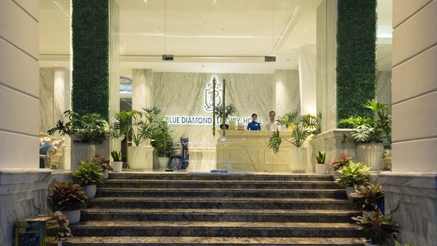 A hotel reception area with marble steps, potted plants, and a reception desk. - Diamond Hill Hotel (Ho Chi Minh City)