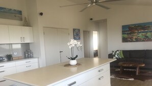 A modern kitchen with white cabinets, a central island, and a ceiling fan.