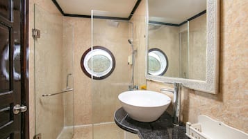 Shower, rainfall showerhead, designer toiletries, hair dryer