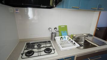 Apartment | Private kitchenette | Fridge, microwave, stovetop, cookware/dishes/utensils