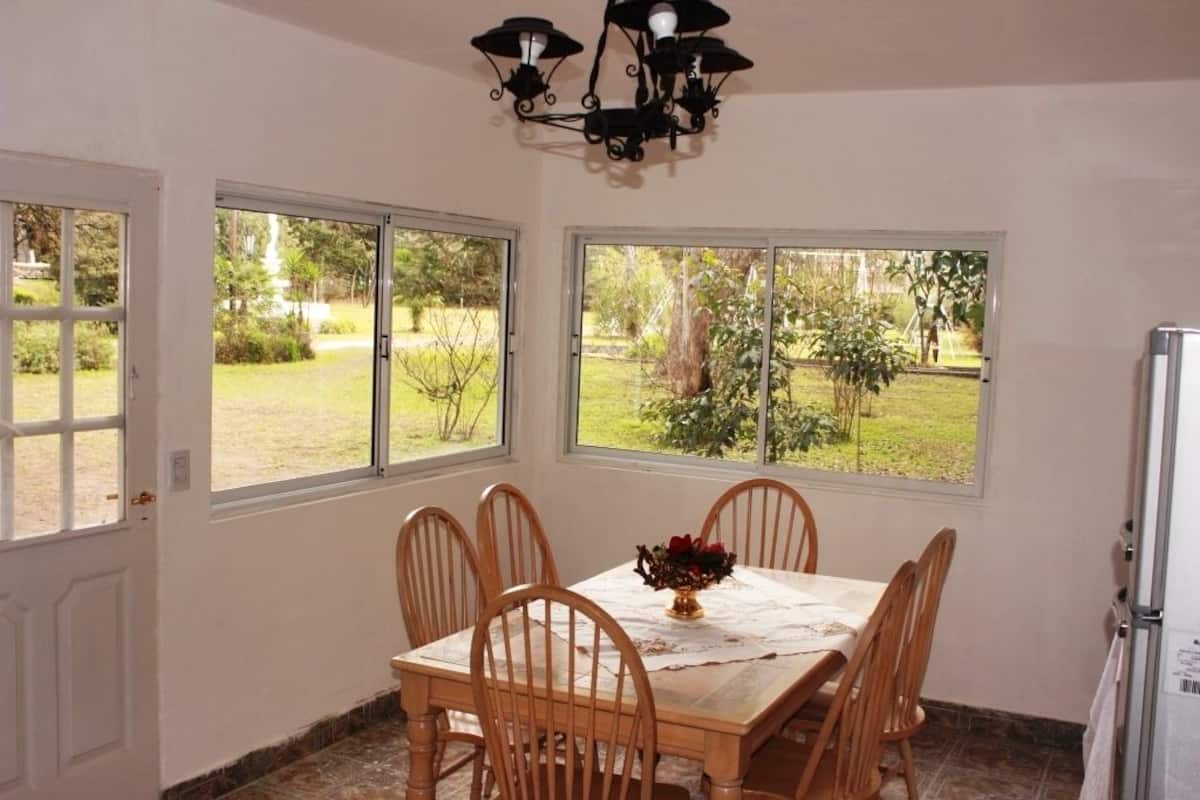 A dining area with a table, chairs, a chandelier, and a view of a garden through large windows.