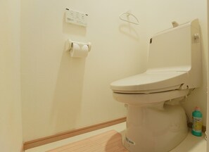 A toilet with a toilet paper holder and a hand sanitizer bottle beside it.