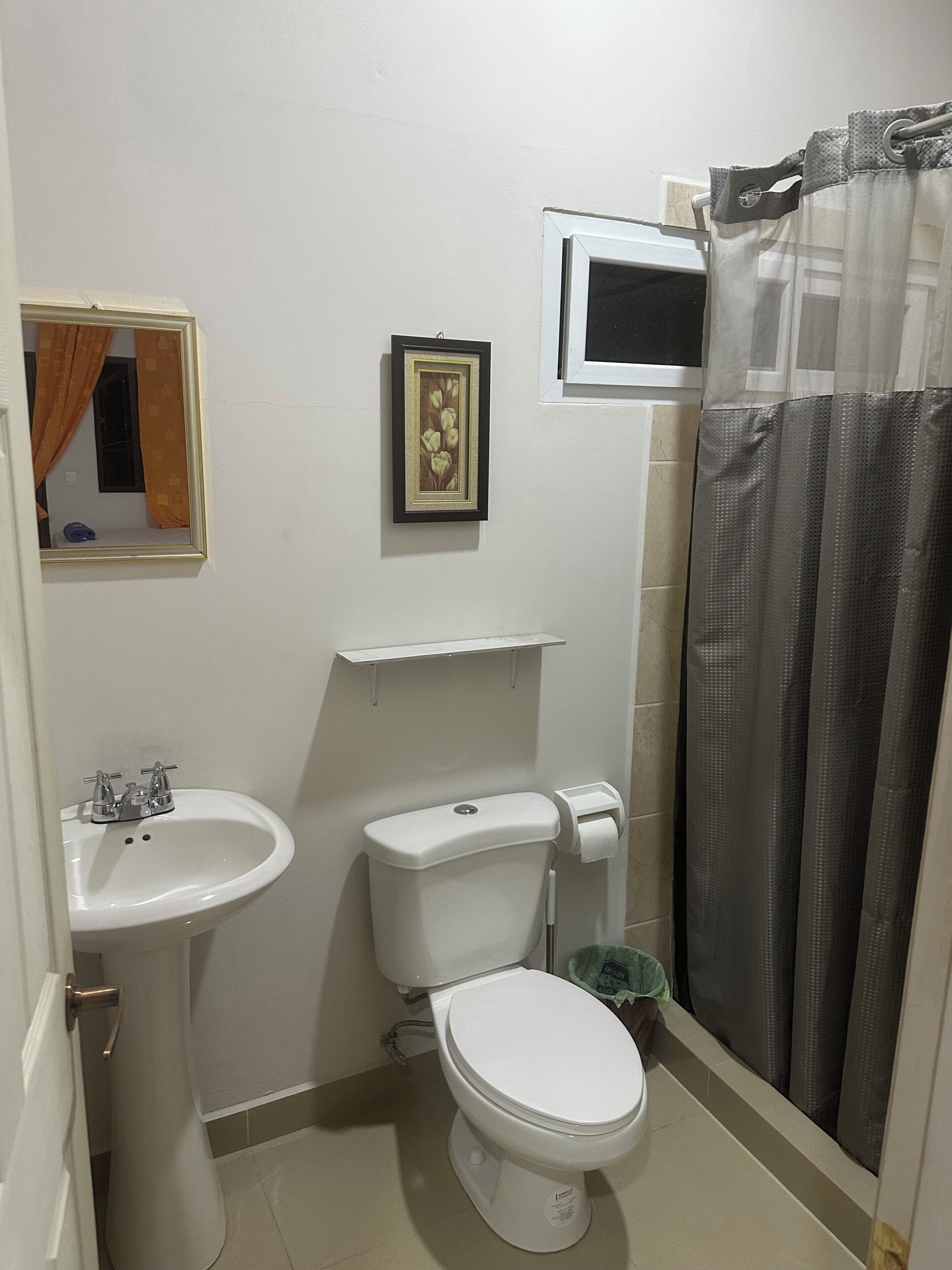 A bathroom with a sink, toilet, shower curtain, and a framed picture on the wall.