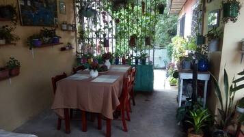 A dining area with a table set for four, surrounded by chairs. There are potted plants on shelves and hanging from the ceiling.