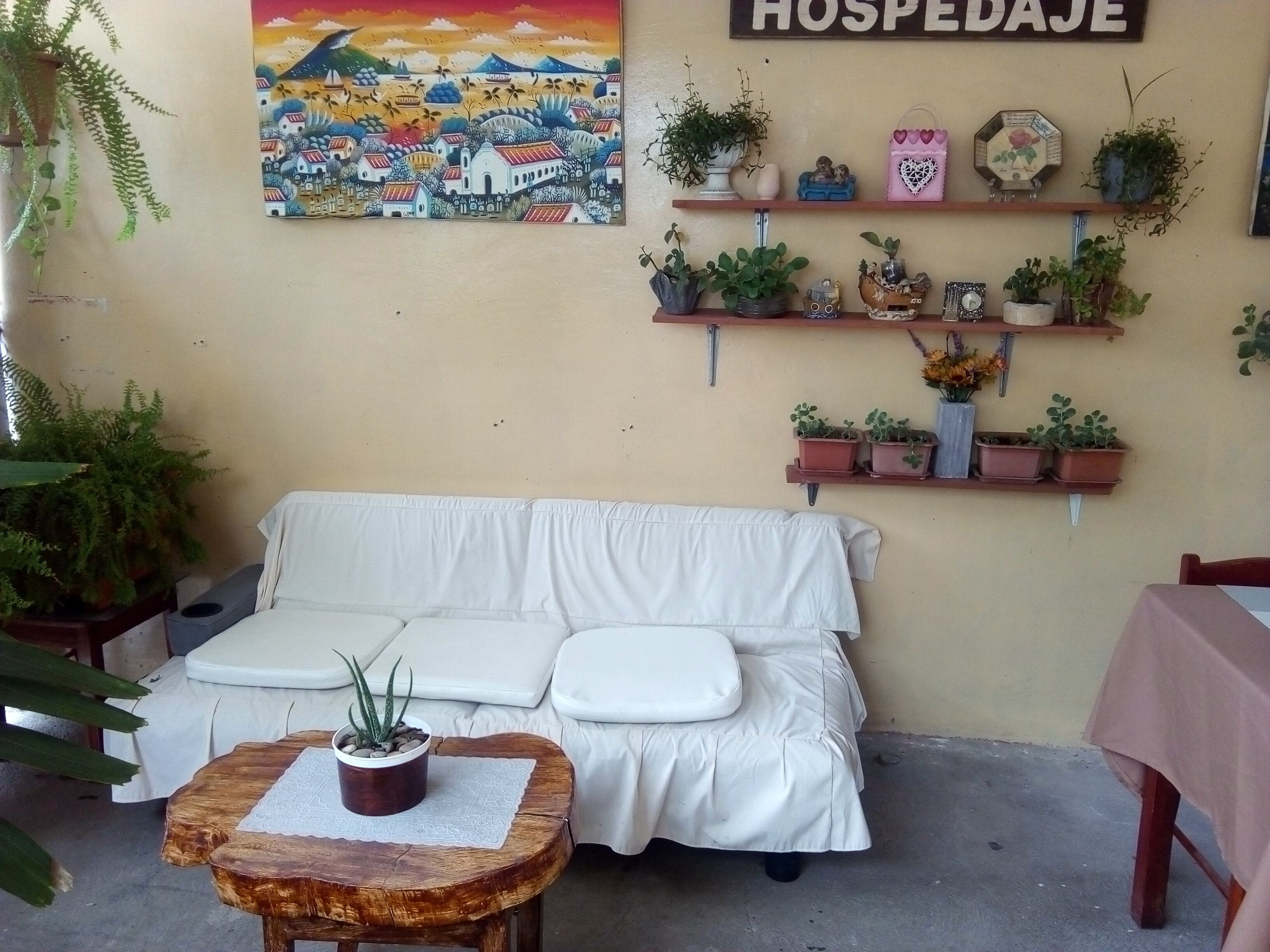 A cozy room with a white sofa, a small wooden table with a plant, and a wall decorated with a colorful painting and shelves with potted plants.