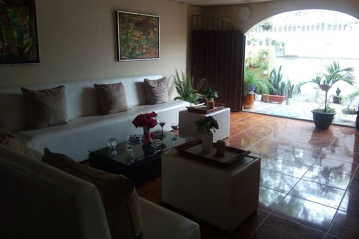 Sala de estar con sofá, mesa de centro y plantas en macetas. Hay un cuadro grande en la pared y una vista al exterior por una puerta abierta.
