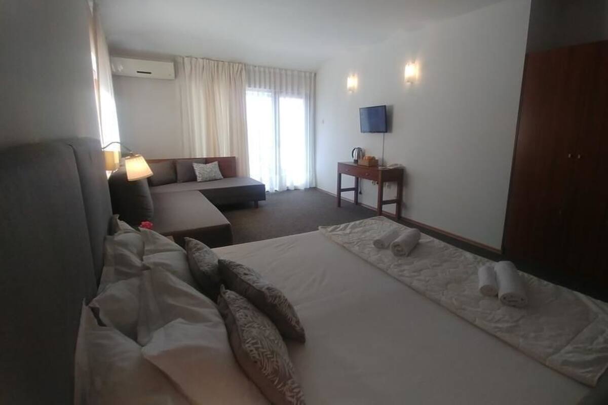 A hotel room with a bed, a sofa, a desk, a TV, and a wardrobe.