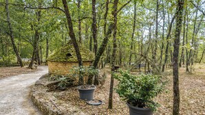 A rustic stone building surrounded by trees and potted plants in a forest setting.