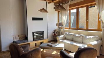 Télévision, cheminée, lecteur de DVD, table de tennis de table