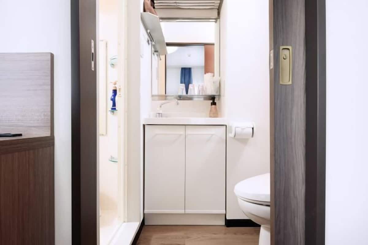 Een bad/douchecombinatie, gratis toiletartikelen, een haardroger