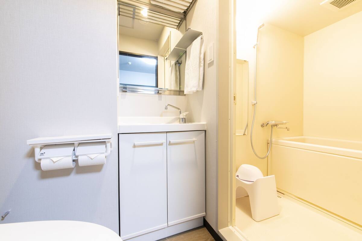 combined shower/bathtub, free toiletries, hair dryer, slippers