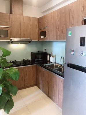 Fridge, microwave, stovetop, electric kettle