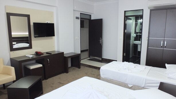 Habitación de hotel con cama, escritorio con silla, televisor, armario y baño visible a través de una puerta abierta.