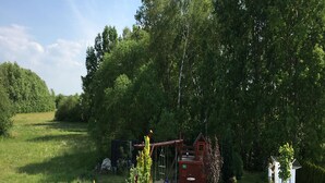 Un espace extérieur clôturé comprenant une aire de jeux, un petit abri de jardin et un arbre.