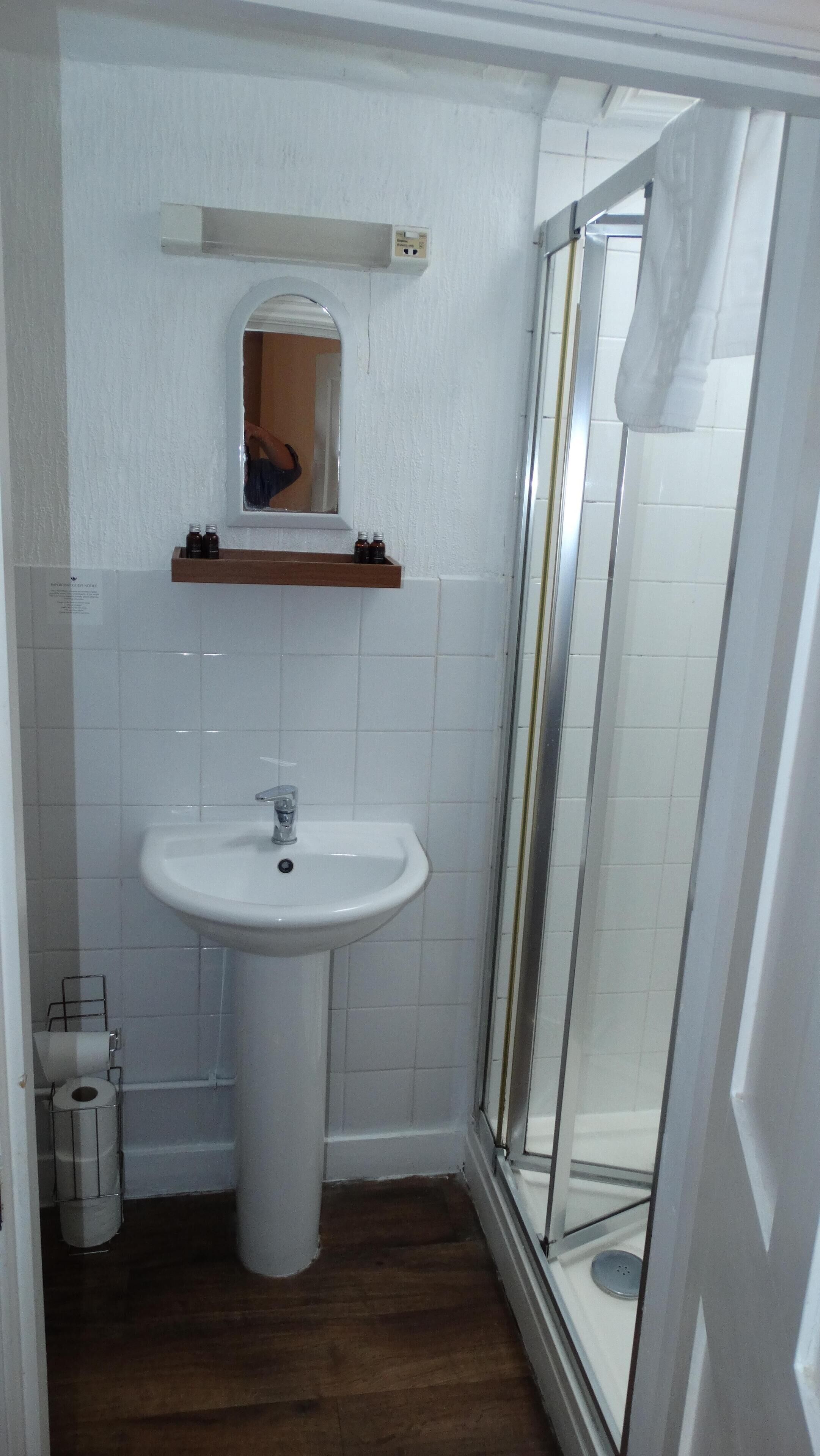 A bathroom with a white sink, a mirror, and a shower area.
