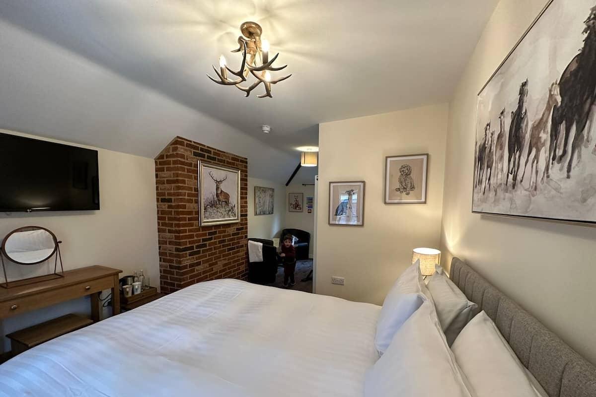 A hotel room with a large bed, a TV, a brick accent wall, and artwork on the walls.