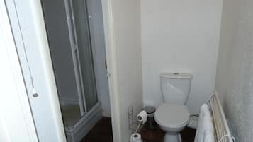 Un baño pequeño con inodoro, ducha y dispensador de papel higiénico.