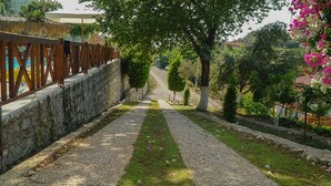 A pathway lined with trees and a stone wall, leading to a building with a thatched roof.