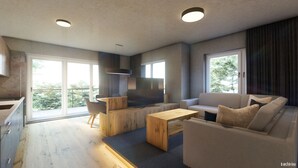 A modern living room with a sofa, coffee table, and TV. There is a balcony with a view of greenery. - A CASA Elegance (Laengenfeld)