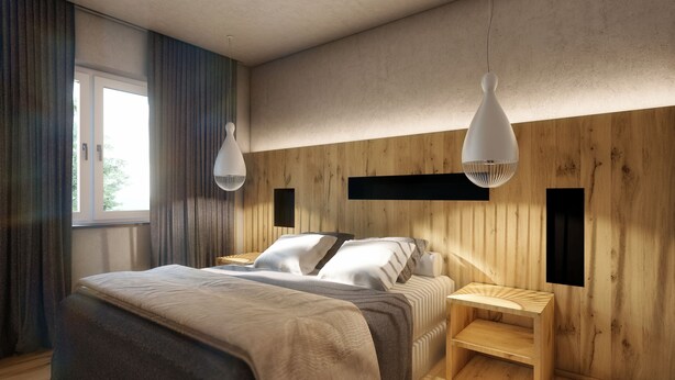 A modern bedroom with a wooden headboard, a large bed with a beige blanket, two bedside tables with white lamps, and a window with curtains. - A CASA Elegance (Laengenfeld)