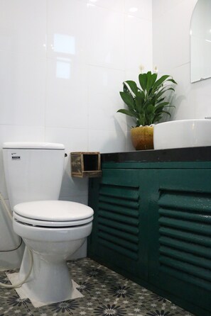 Douche, sèche-cheveux, bidet, serviettes fournies