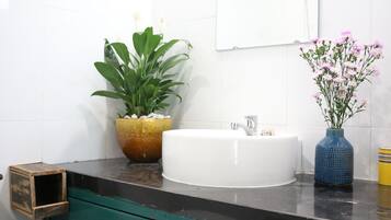 Shower, hair dryer, bidet, towels