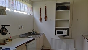 Et lille køkken med komfur, vask, mikroovn og en radiator.