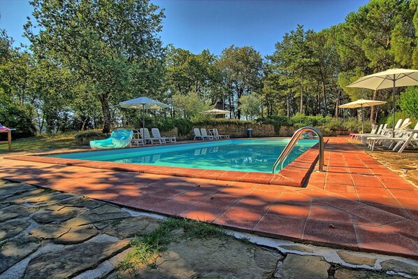 Une piscine rectangulaire avec un toboggan, entourée de chaises longues et de parasols, située dans un espace boisé.