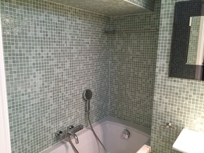 Bathtub, hair dryer, soap, shampoo