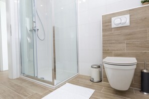 Shower, hair dryer, towels, toilet paper