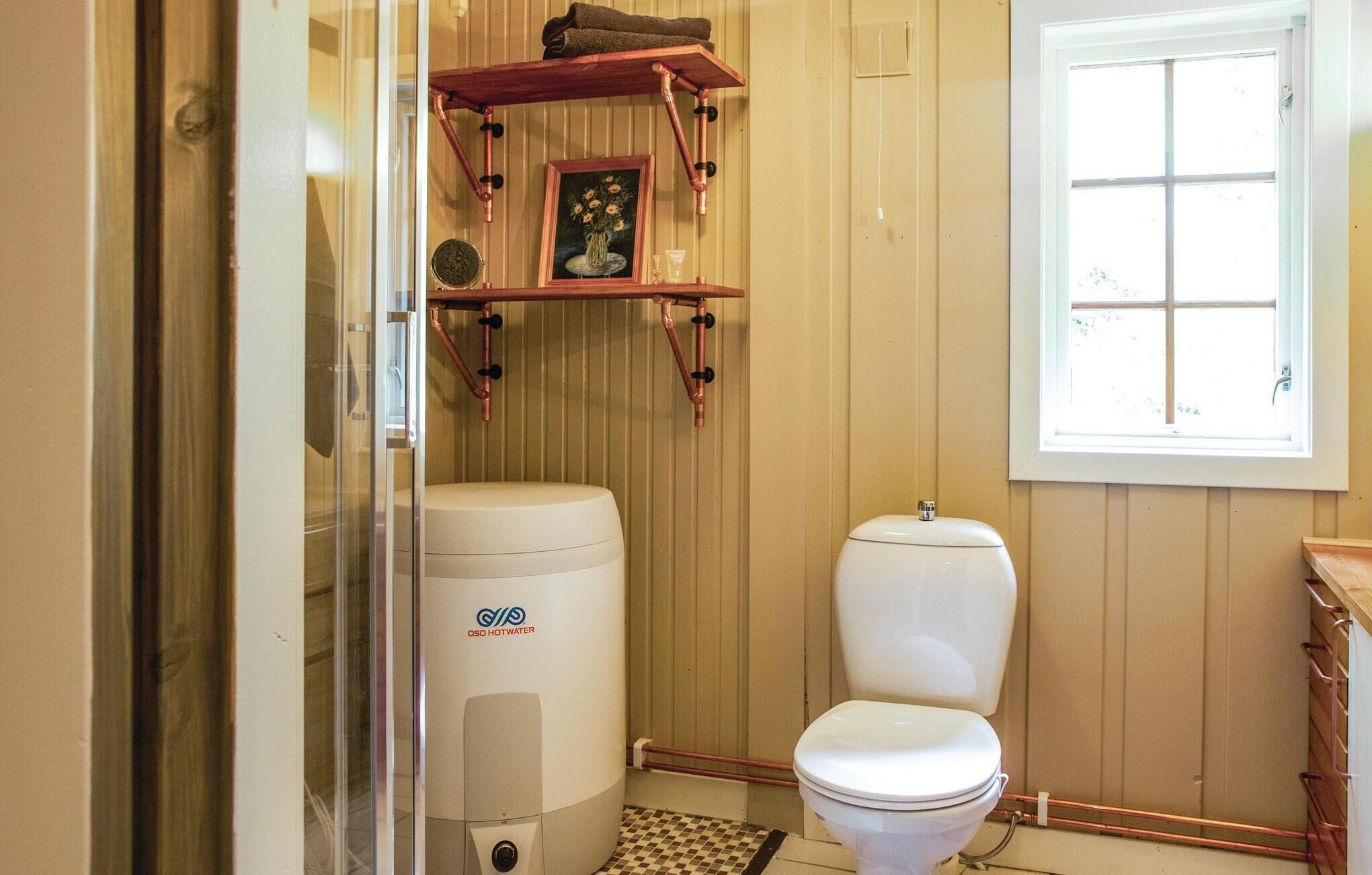 A bathroom with a toilet, a hot water tank, and a window.
