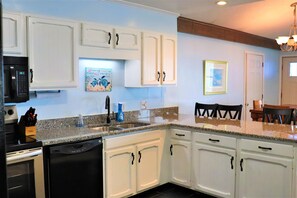 Fridge, microwave, dishwasher