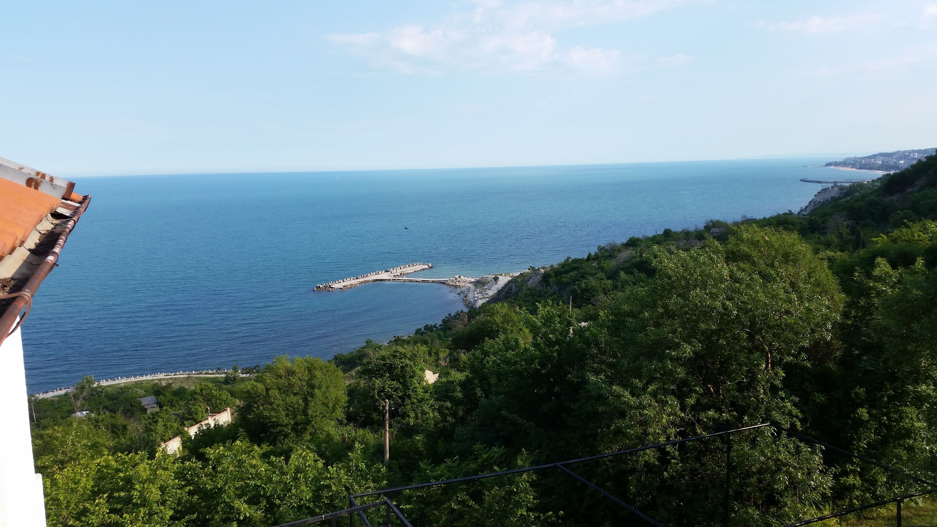 Vista sulla costa con cielo sereno, un molo roccioso e vegetazione lussureggiante.