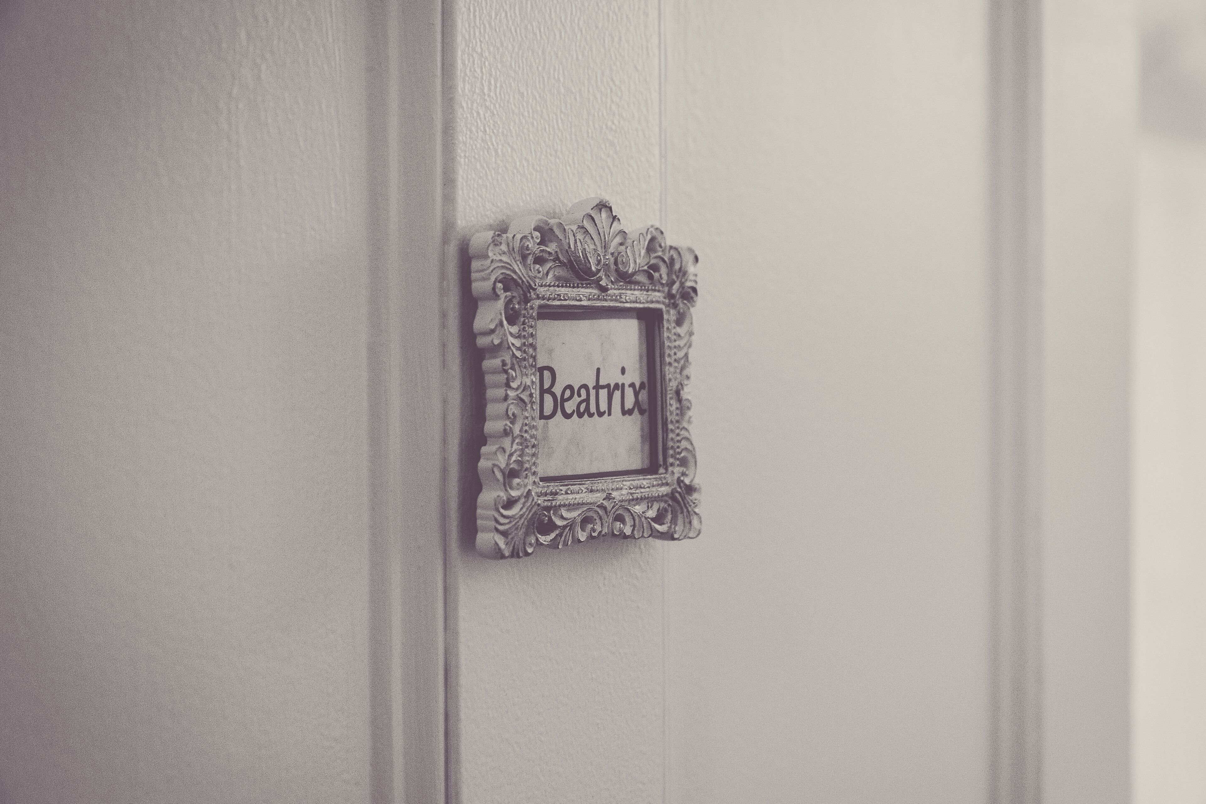 A door with a decorative frame containing the name "Beatrix".