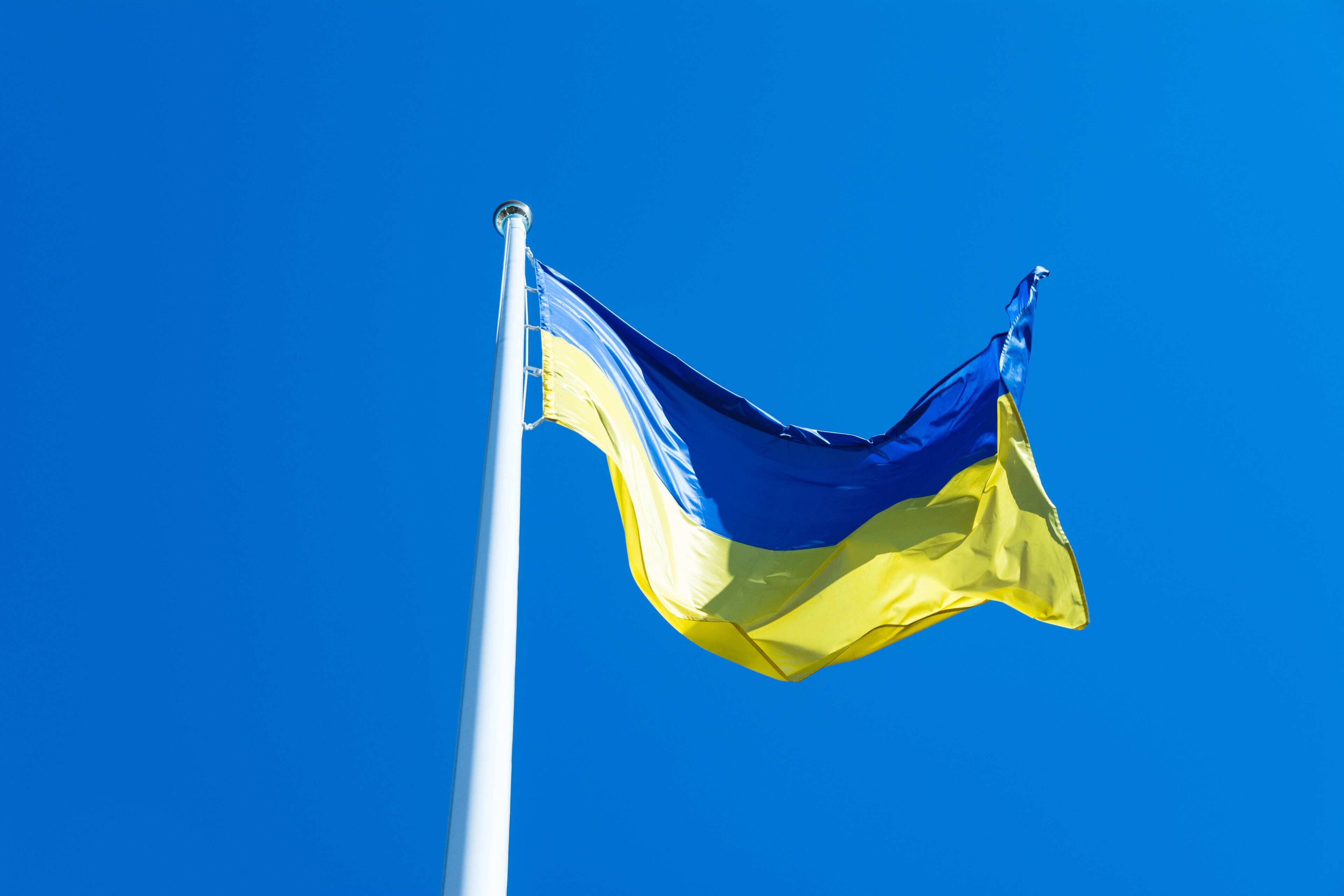 Un mât sur lequel flotte un drapeau composé de rayures horizontales bleues et jaunes.