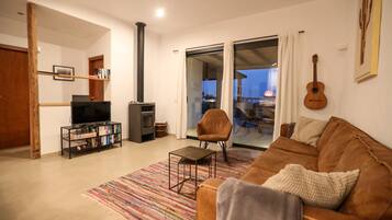 Een televisie, een open haard, boeken en een stereo