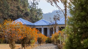 A pathway leading to a building with a blue roof, surrounded by orange flowering plants and trees. - Blossom Bliss Resort (Dhari)