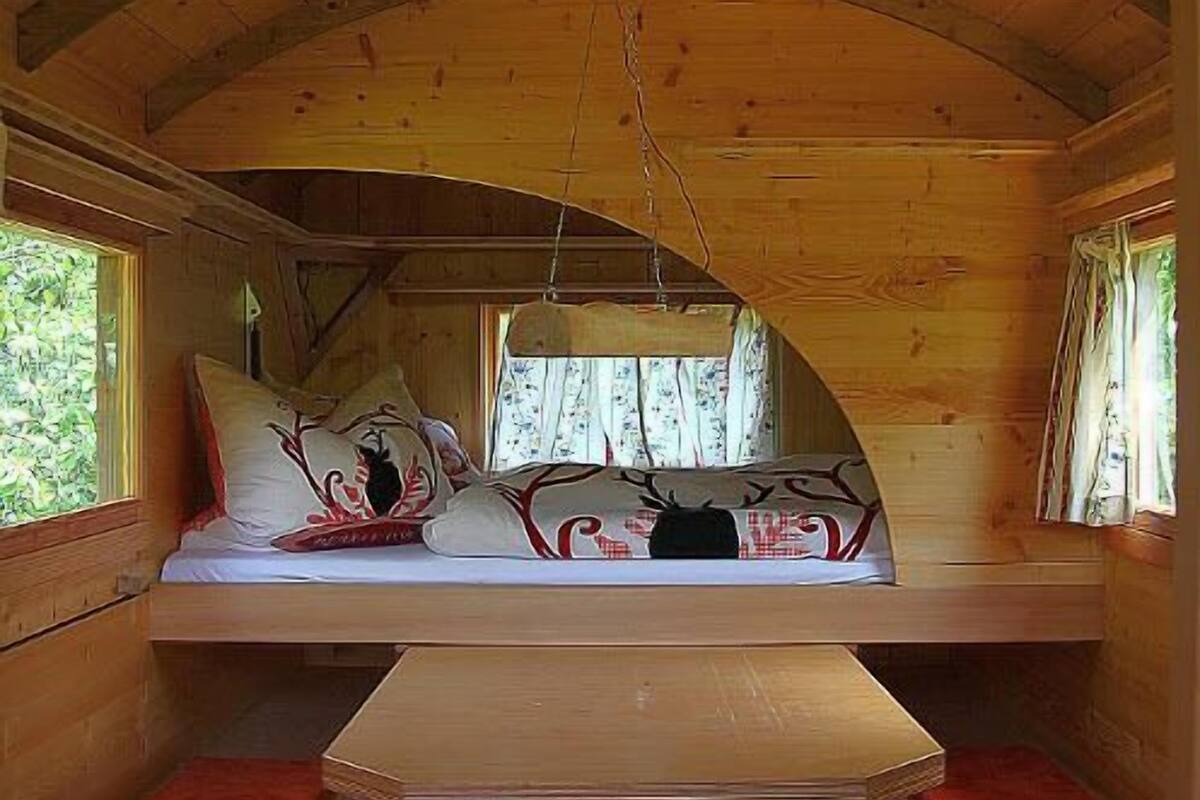 A cozy cabin with a curved wooden ceiling, a bench with cushions, and a central table.