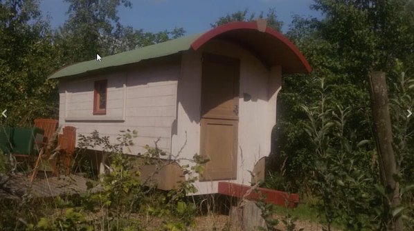 Ein kleines, eingeschossiges Haus mit einem grünen Dach und einer roten Haustür.