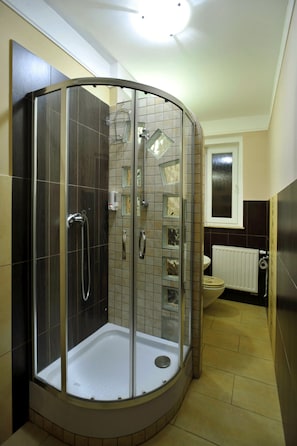 A modern bathroom with a glass-enclosed shower, a toilet, and a sink. - Pension Abertham (Abertamy)