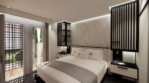 Een moderne hotelkamer met een groot bed, nachtkastjes, een inbouwplank en uitzicht door een glazen deur.