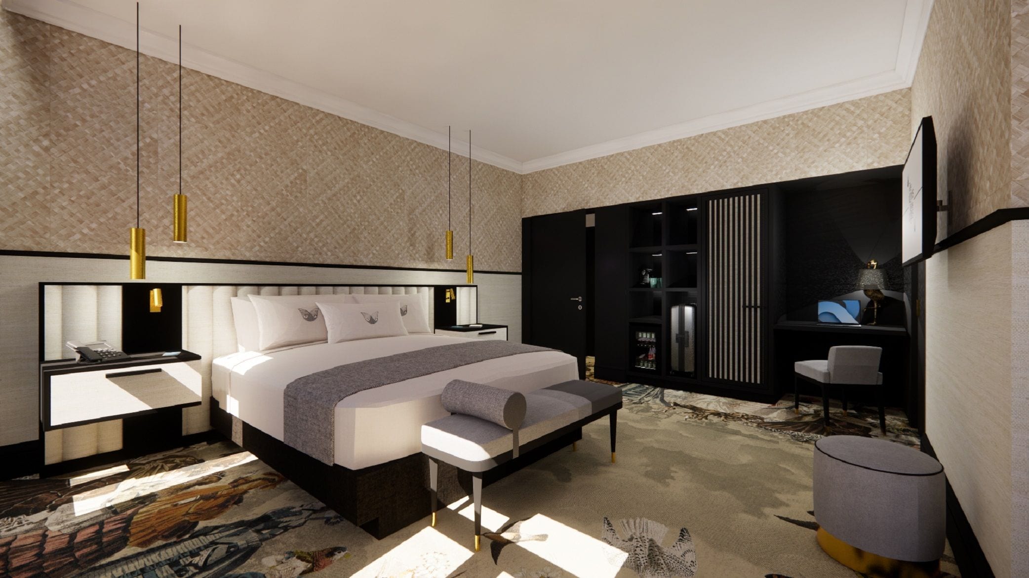 Une chambre d’hôtel moderne dotée d’un grand lit, de tables de chevet, d’un bureau et d’un coin salon.