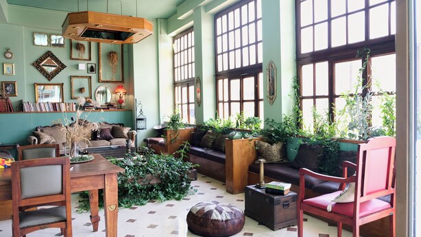 Un salon chaleureux avec un canapé, des fauteuils, une table basse et une bibliothèque remplie de livres et d’objets décoratifs.